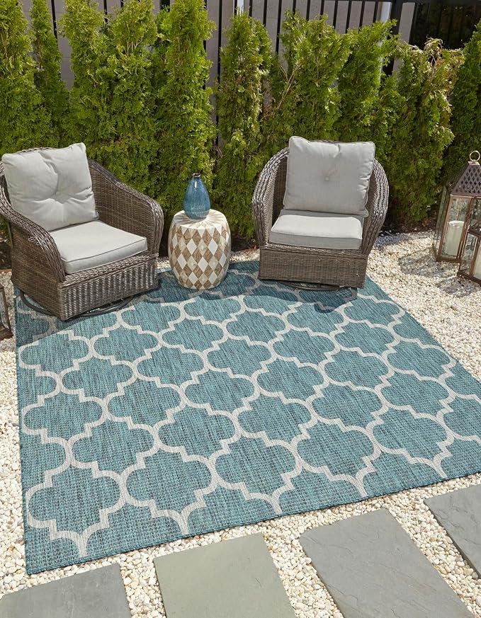 Unique Loom Outdoor Trellis Collection Area Rug (7' 10" Square, Teal/ Gray)