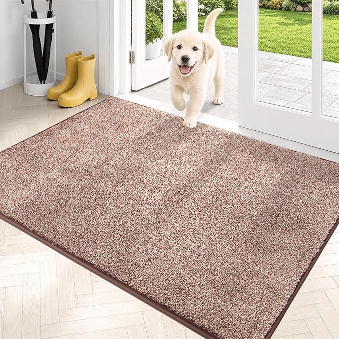 PURRUGS Dirt Trapping Door Mat 31.5" x 47", Non-Slip Machine Washable Entryway Rug, Dog Doormat, Indoor Front Door Mat, Super Absorbent Entry Rug for Muddy Shoes & Paws, Brown-Light Cream