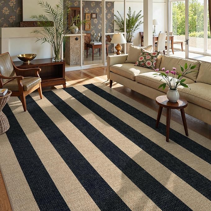 Lahome Striped Easy Jute Living Room Rug, 8x10 Outdoor Patio Rugs Washable | Black Indoor Area Rug, Modern Farmhouse Geometric Non Slip Non Shedding Carpet for Office Backyard Dining Room Sunroom