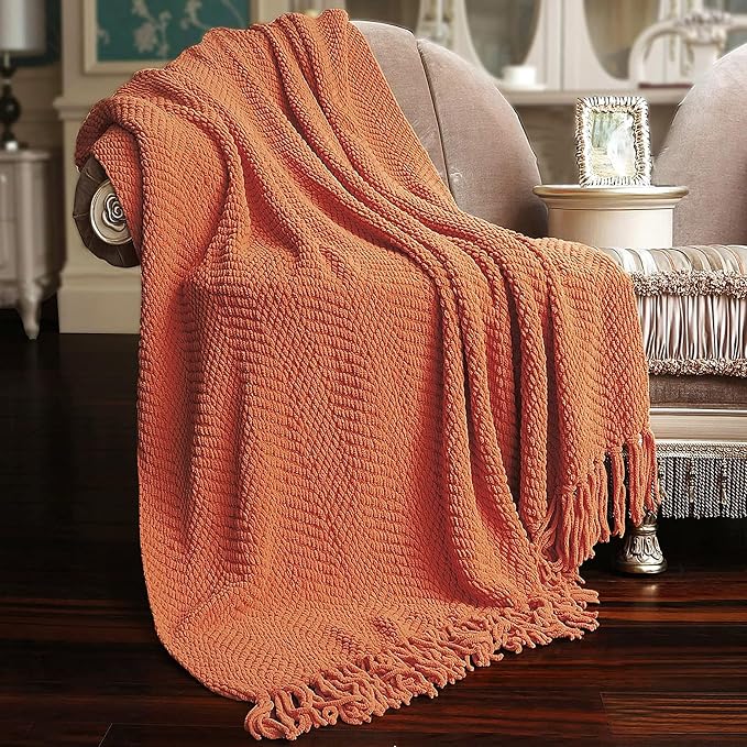 Home Soft Things Throw Blanket Knitted Tweed Throw 50'' x 60'', Rust, Super Soft Cozy Warm Comfortable Breathable Throw for Living Room Chair Couch Bed Sofa Bedroom Home Décor