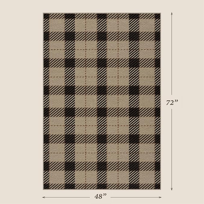 Easy Jute Neutral 4x6 Rugs for Large Entryway, Buffalo Plaid Outdoor Mat for Front Porch, Washable Rugs for Indoor Outdoor Area, Bedroom Bedside, Small Living Room, Non Slip Black and Brown Décor