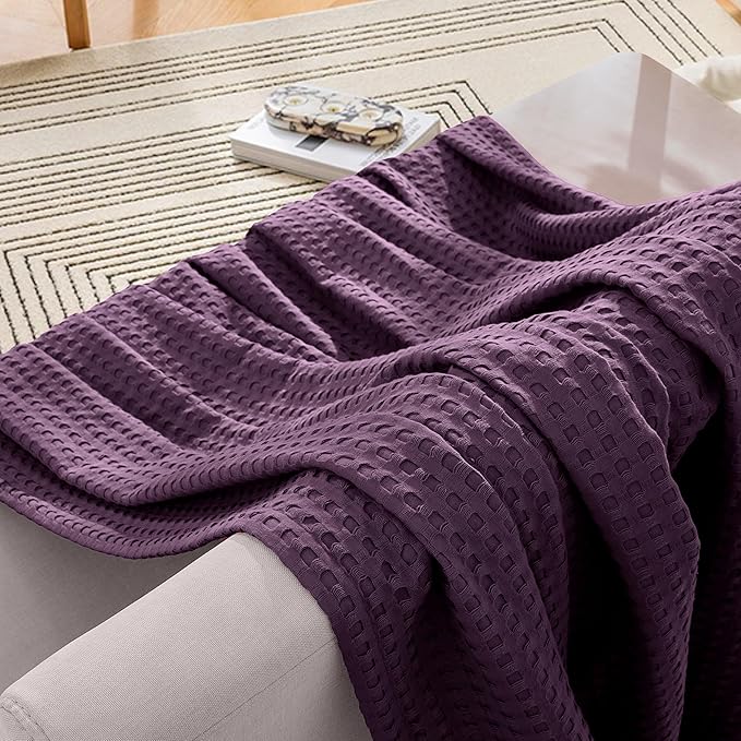 Elegant Comfort Premium 100% Cotton Waffle Blanket - Lightweight Breathable Waffle Weave Bed Blanket - Soft and Warm All Season Blanket for Couch, Sofa and Bed, Full Size 88x88 Inches, Purple