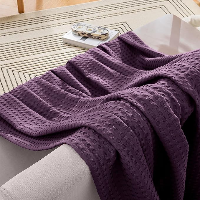 Elegant Comfort Premium 100% Cotton Waffle Blanket - Lightweight Breathable Waffle Weave Bed Blanket - Soft and Warm All Season Blanket for Couch, Sofa and Bed, Queen Size 90x90 Inches, Purple