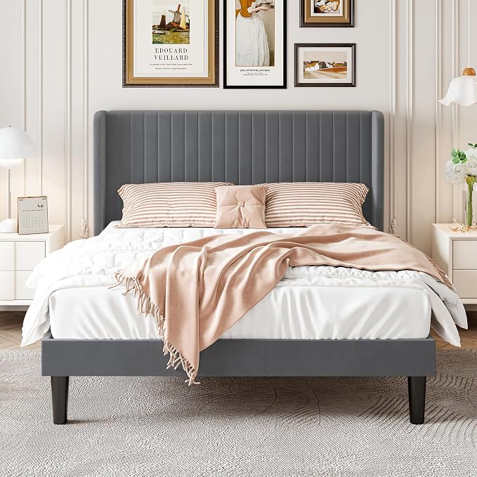 SHA CERLIN Queen Size Velvet Bed Frame, Tufted Wingback Headboard, Grey | 47'' Modern Vertical Channel Headboard, Upholstered Platform Bed, Wood Slats, No Box Spring Needed, Easy Assembly, Noise Free