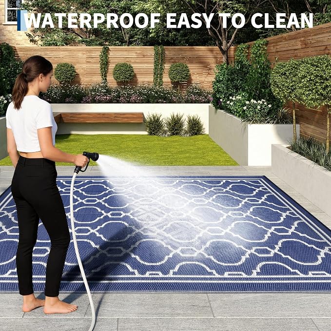 Garvee 9 x 12 Outdoor Rug Waterproof for Patio, Foldable Reversible Plastic Straw Area Rug, Large Mats for Camping, RV, Balcony, Deck, Picnic, Beach, Blue & White