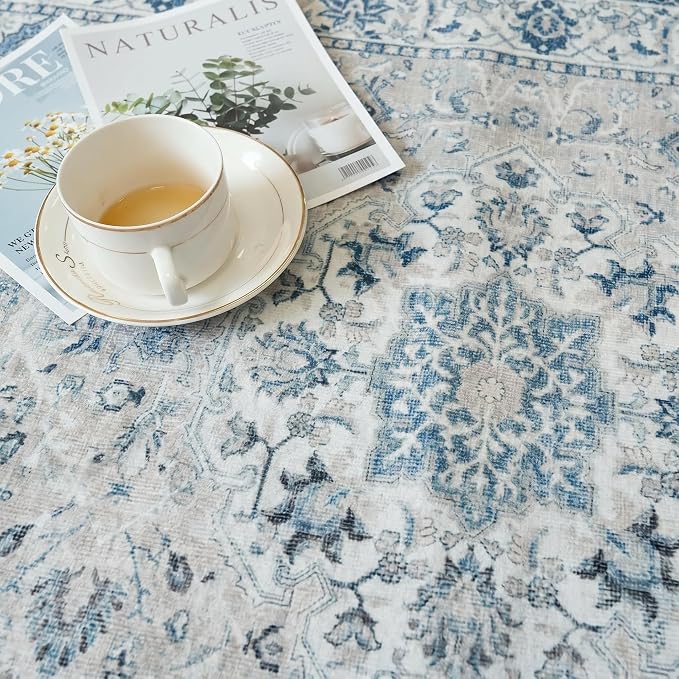 Joydeco Washable 2x5 Hallway Runner Rug Vintage, Blue Grey | Water Resistant Low Pile Non Slip Backing for Kitchen Entryway Bathroom Dining Room