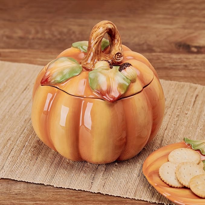 Fitz and Floyd Fall Harvest Pumpkin Cookie Jar Ceramic Figurine, 8 inch