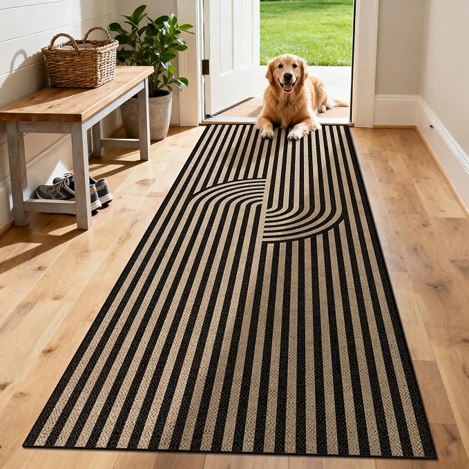 Washable Modern Easy Jute Runner Rug 2x6, Neutral Abstract Boho Geometric Outdoor Indoor Patio Area Rug, Woven Non Slip Thin Long Runner Carpet Mat for Hallway Kitchen Entryway Porch Farmhouse