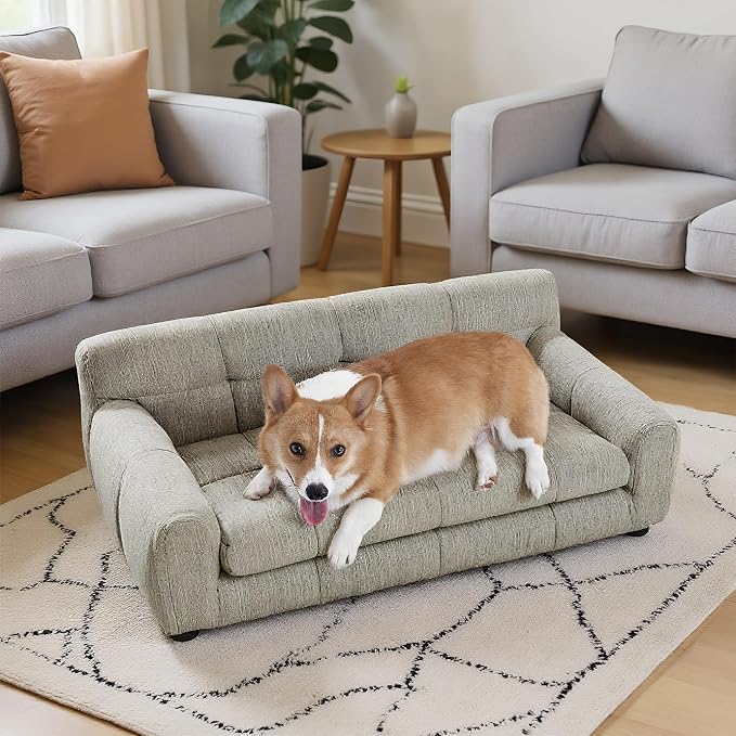 38" Dog Sofa Bed, Elevated Dog Bed with Backrest and Armrests, Soft Memory Foam Couches for Small and Medium-Sized Pets, Durable Linen Pet Couch Furniture, Beige