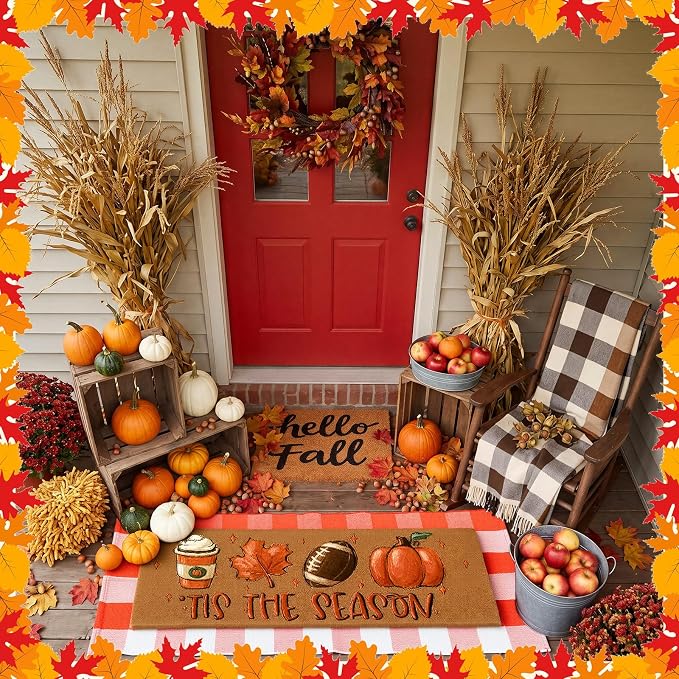 Moucuny 2 Pcs Fall Football Coir Doormat Outdoor, Tis The Season Welcome Coir Doormat 16 x 47, Layered Orange White Plaid Rug 22 x 56, Non-Slip Backing, Fall Autumn Porch Entryway Patio Decor