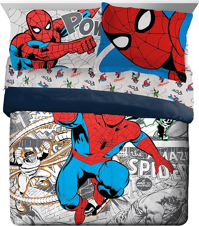 Marvel Spiderman Queen Comforter Set 7 Piece Bedding for Boys, Grey | Bed in a Bag, Comforter Sheets Shams Pillowcases, Official Product, Soft Microfiber, Machine Washable Easy Care, Boys Gift