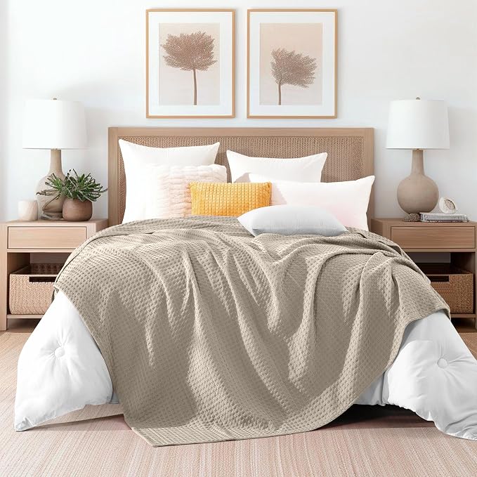 Elegant Comfort Premium 100% Cotton Waffle Blanket - Lightweight Breathable Waffle Weave Bed Blanket - Soft and Warm All Season Blanket for Couch, Sofa and Bed, Queen Size 90x90 Inches, Linen