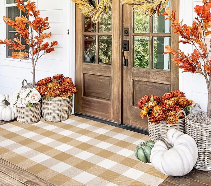 Khaki and White Outdoor Rug 3'x5', Outdoor Porch Rug Cotton Woven Washable Farmhouse Indoor Outdoor Doormat for Front Porch Hello Welcome Layered/Entryway/Bedroom/Living Room/Patio
