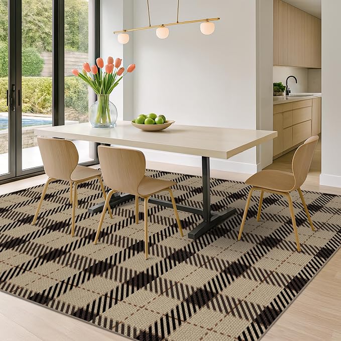 JTJ 8x10 Washable Outdoor Rug for Patio - Low Pile Easy Jute Plaid Area Rug for Porch, Deck, Backyard, Non-Slip Foldable Farmhouse Buffalo Check Carpet, Black & Beige