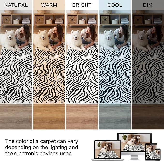 Zebra Print Rug, 5x7, Black and White Animal Print Rug, Modern Abstract Design, Non-Slip TPE Backing, Low-Pile, Washable and Easy-to-Clean, Suitable for Living Rooms, Bedrooms, and Home Offices