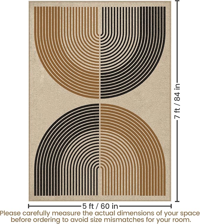 Washable Rainbow Easy Jute Rug 5x7, Neutral Geometric Modern Outdoor Indoor Patio Farmhouse Large Rugs, Woven Non Slip Thin Carpet for Living Dining Play Room Bedroom Classroom Kids Nursery