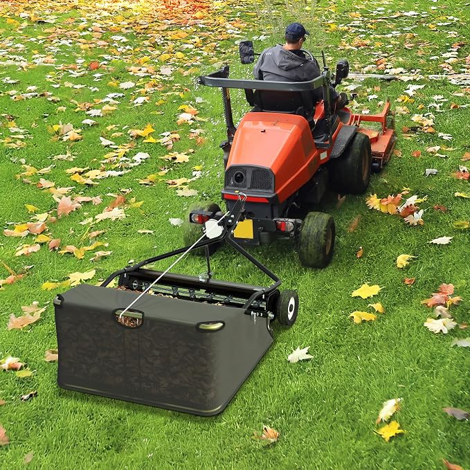 AUTOSAVER88 48" Lawn Sweeper Tow Behind with Adjustable Sweeping Height | Leaf & Grass Collector with Dumping Rope Design, 25 Cu.ft Hopper Pull Behind Lawn Sweeper for Leaves, Grass & Debris