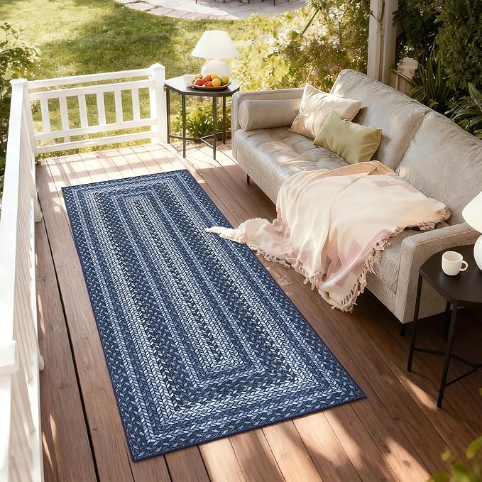 GarveeHome Indoor Easy Jute Runner Rug 2x6 Washable Kitchen Runner Rugs | Low Pile Non Slip Throw Runners Carpet Stain Resistant Long Hallway Mat Living Room Bedroom Bedside Area Rugs, Slates/Blue
