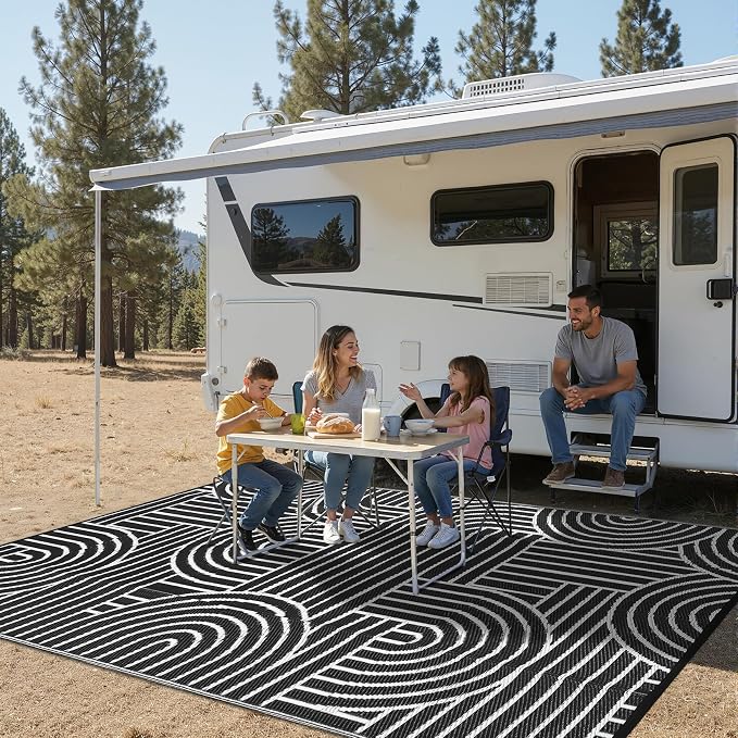 Garvee Reversible Rainbow Outdoor Rug 8x10, Waterproof Outdoor Plastic Straw Rug, RV Mat for Picnics, Patio, Camping, Balcony, Deck, Backyard, Porch, Black