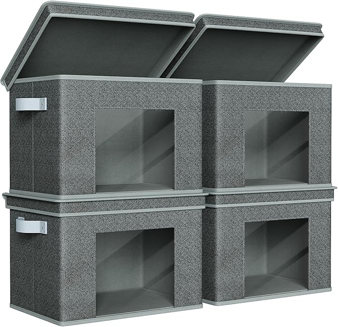 Univivi Fabric Storage Bins with Lids for Closet, 4 Pack, Black | Large Foldable Storage Boxes, Sturdy Collapsible Storage Bins with Clear Window, Storage Bins for Home, Closet, Shelves