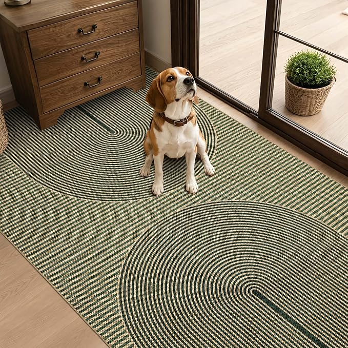 Non-Slip Jute Rug for Entryway: 3x5 Outdoor Mat - Green Curve Pattern | Safe Walking for Family All Day and Help with Cutting Slip Falls by 70%