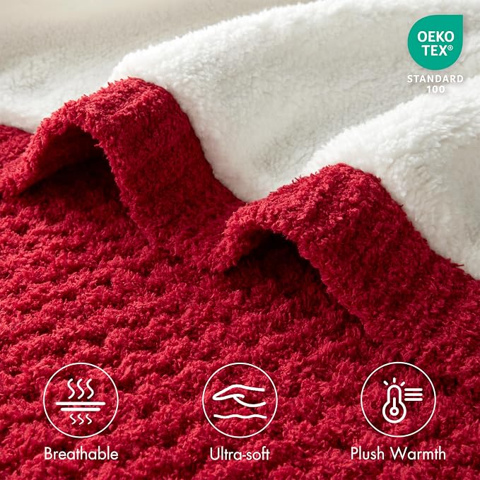 Madison Park Rowan Sherpa Throw Blanket Waffle Weave, 50 x 60, Red | Cozy Warmth for Sofa or Bed, Reversible, Lightweight, Farmhouse, OEKO-TEX Certified