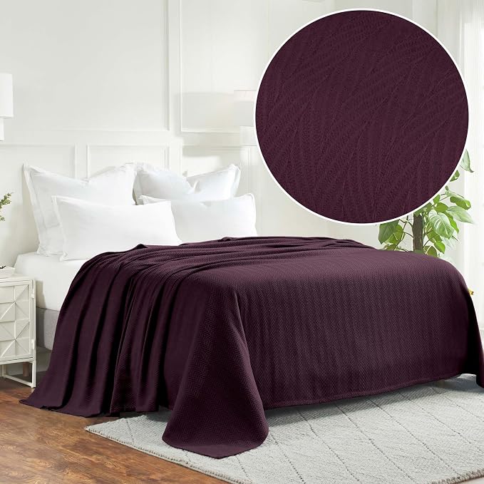 Superior Metro All-Season Cotton Blanket, Woven Blanket for Couch, Bed, Bedding, Farmhouse, Home Essentials, Cute and Cozy Bohemian Blankets, Herringbone Weave, King, Plum