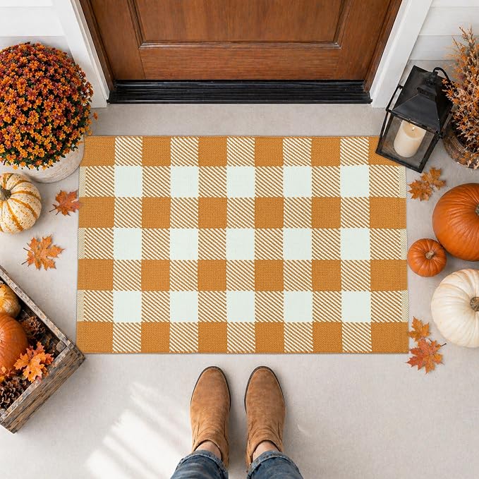 Caramel and White Buffalo Plaid Rug 3'x5', Machine Washable Layering Mat for Front Door, Entryway, Kitchen, Indoor Outdoor Low Profile Cotton Woven Check Rug