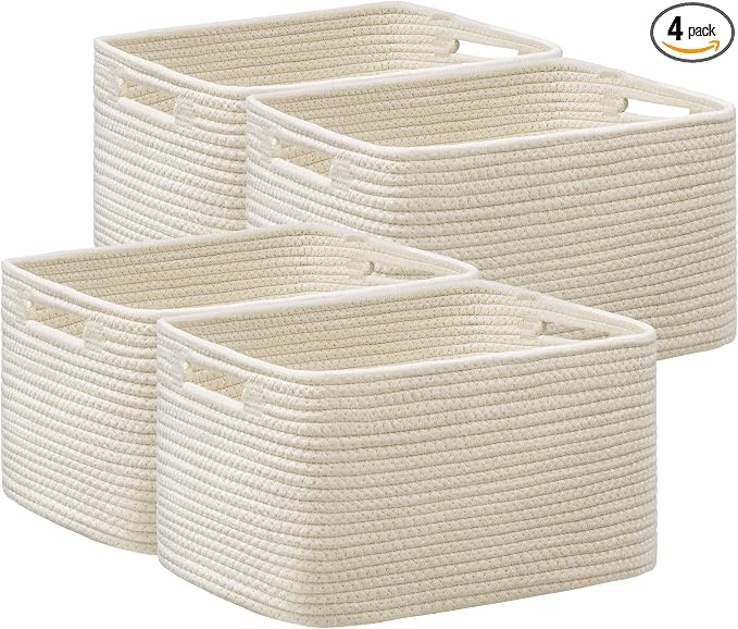 4 Pack Storage Baskets for Organizing, Woven Baskets for Shelves, Beige | 13"Lx9"Wx7.5"H, Woven Basket, Cotton Rope Basket, Toy Storage, Cube Shelf, Gift Baskets Empty, Home Decor