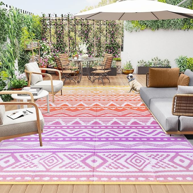 Lahome Outdoor Plastic Straw Rug, Reversible Outdoor Rug Waterproof 9x12 Rugs for Patio, RV Camping Rug Picnic Mat Outside Large Carpet for Beach Deck Backyard Balcony(Orange/Purple,9'x 12')