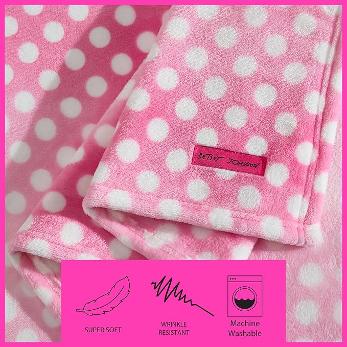 Betsey Johnson - Plush Throw Blanket for Couch or Bed, Soft Reversible Western Fleece Throw, Cozy Printed Soft Blanket, Ombre Dots Pink, 50" x 70"