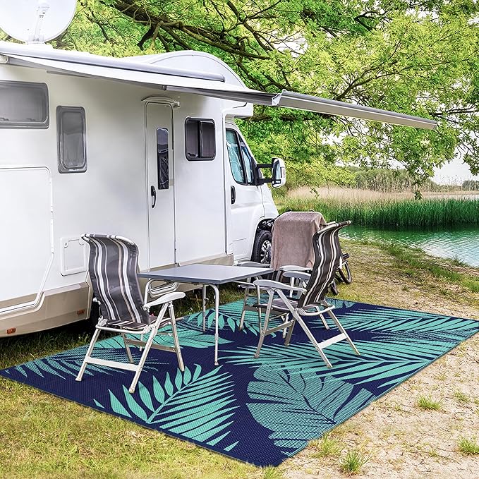 GENIMO Outdoor Rug, Waterproof Plastic Rugs for Patio, 5'x8' Blue Green | Outside Larger Leaf Carpet Mat for Porch Decor, Deck, Balcony, Camping, RV, Backyard, Picnic, Beach, Reversible, Foldable