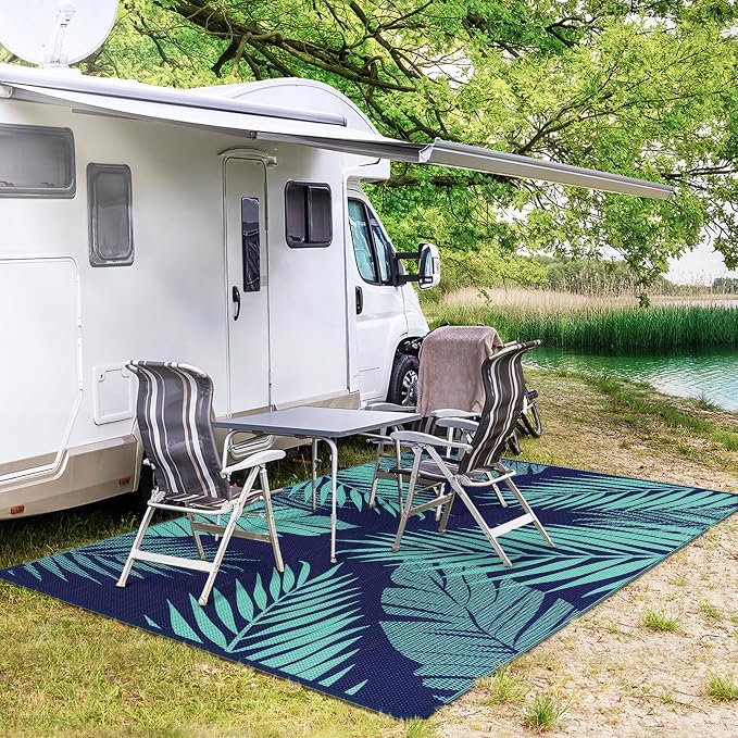 GENIMO Outdoor Rug, Waterproof Plastic Rugs for Patio, 6'x9' Blue Green | Outside Larger Leaf Carpet Mat for Porch Decor, Deck, Balcony, Camping, RV, Backyard, Picnic, Beach, Reversible, Foldable