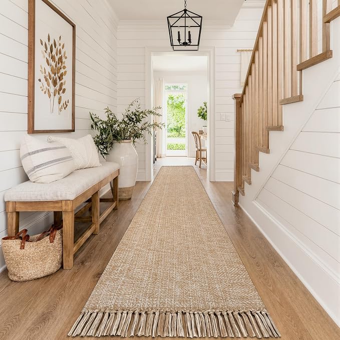 Collive Boho Runner Rug for Hallway, Washable 2.6x16 ft Long Entry Hall Rug Modern Farmhouse Kitchen Runner Rugs, Woven Cotton Tan Bathroom Mat for Bedroom Laundry