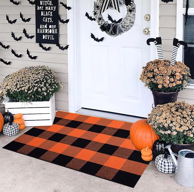 Fall Layered Doormat 24''x35'' Orange and Black Farmhouse Porch Mat Cotton Woven Washable Outdoor Rug for Layering Rug,Fall,Halloween,Kitchen,Farmhouse,Entryway