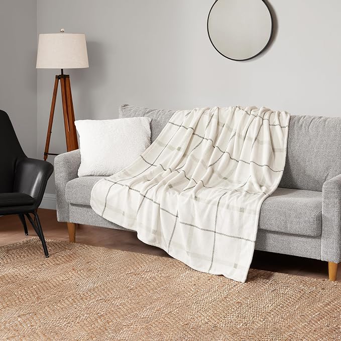 Lucky Brand Palmdale White with Sage Green Plaid 50"x70" Cozy Plush Blanket - Premium Microfiber Throw for Luxurious Comfort