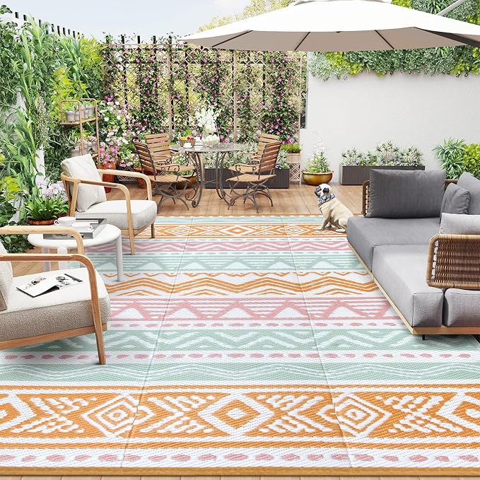 Lahome Waterproof Outdoor Rug 9x12, Reversible Outdoor Plastic Straw Rug for Patio, RV Camping Rug Picnic Mat Outside, Large Outdoor Carpet for Beach Deck Backyard Balcony(Pink/Orange,9'x 12')
