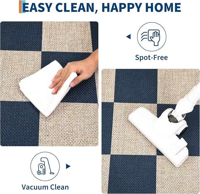 GarveeHome Easy Jute Rugs 2x8 Checkered Kitchen Runner Rugs Non Skid Washable Stain Resistant Indoor Outdoor Rugs for Living Room, Bedroom, Dining, Patio - Farmhouse Style Navy Blue