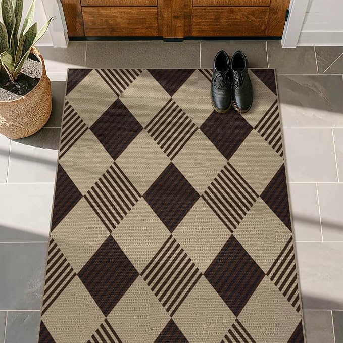 3x4 Entryway Door Mat Indoor – Washable Non Slip Small Rug for Front Door, Kitchen Sink, Mudroom, Garage Entry, Low Profile Easy Clean Farmhouse Plaid Floor Mat