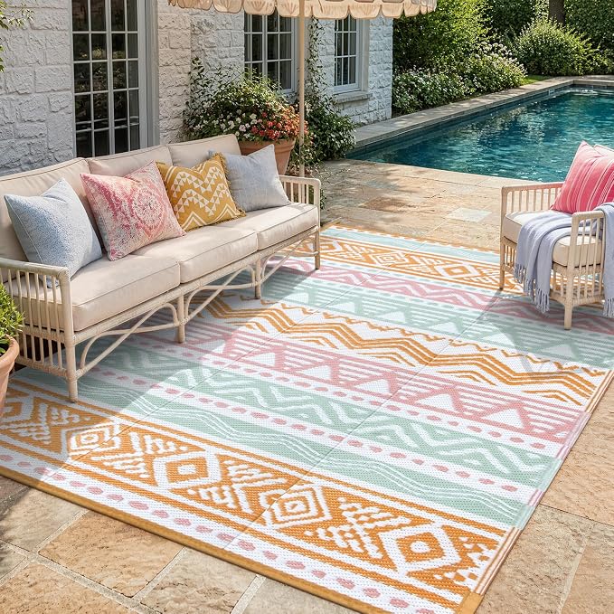 Lahome Waterproof Outdoor Rug 6x9, Reversible Outdoor Plastic Straw Rug for Camping, Large RV Outdoor Patio Rug, Outdoor Rugs Carpet for Porch Deck Backyard Balcony Picnic(Pink/Orange,6'x 9')