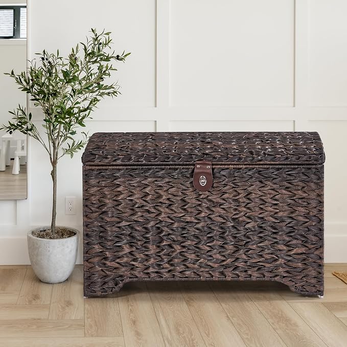 178L Handwoven Wicker Storage Basket with Lid, Large Storage Trunk | Leather Buckle Closure; Waterproof PP Wicker; Large Metal Ring Handles; Reinforced Steel Frame