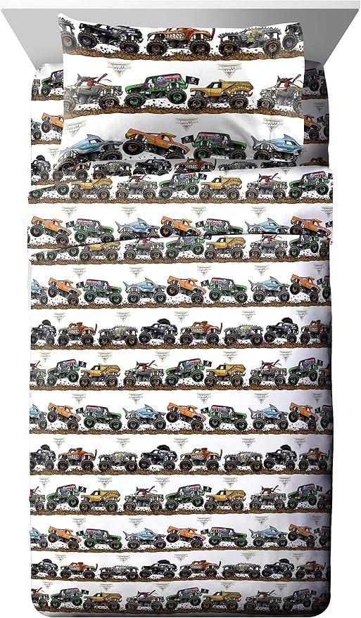 Jay franco Monster Jam Tracks 4 Piece Twin Bed Set - Includes Comforter & Sheet Set - Bedding Features Grave Digger & Megalodon - Super Soft Fade Resistant Microfiber (Official Monster Jam Product) | Grave Digger Megalodon, Comforter Sheets Pillowcase,...