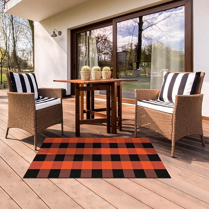 Buffalo Plaid Outdoor Rug Orange and Black 2x4.3 Cotton Woven Checkered Rug Washable Halloween Front Porch Rug Layered Fall Outdoor Mats for Front Door Autumn Farmhouse Entryway Patio Decor