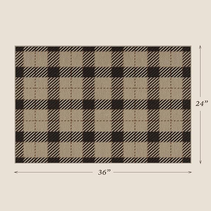 Easy Jute Entryway Rug 2x3, Washable Non Slip Area Rug for Front Door, Indoor Outdoor Farmhouse Plaid Floor Mat for Kitchen Sink, Mudroom, Garage Entry, Low Profile Black & Beige