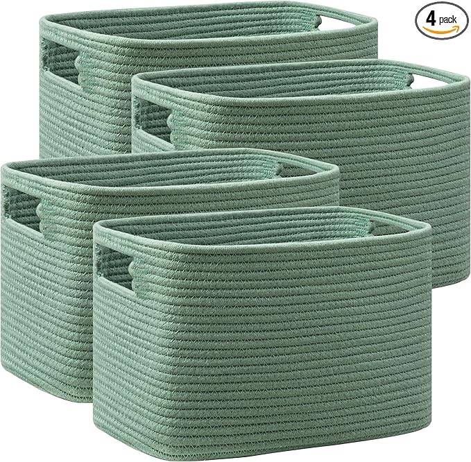 4 Pack Storage Baskets for Organizing, Shelf Baskets with Handles, Green | 14.5"Lx9.8"Wx9"H, Woven Basket, Cotton Rope Basket, Toy Storage, Cube Shelf, Gift Baskets Empty, Home Decor
