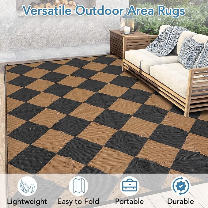 GarveeLife 9x18 Outdoor Rug for Patio Reversible, Plastic Straw Rug Waterproof Camping Rug Portable, Foldable Lightweight Mat for RV, Patio, Backyard, Deck, Picnic, Beach (Black/Brown)