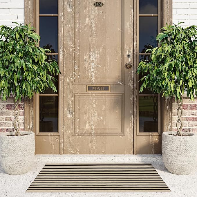 LEEVAN Black and White Front Door Rug 2.3x3.6, Striped Outdoor Rug Washable Welcome Layered Door Mats, Woven Front Porch Decor Indoor Entrancet Dooramts