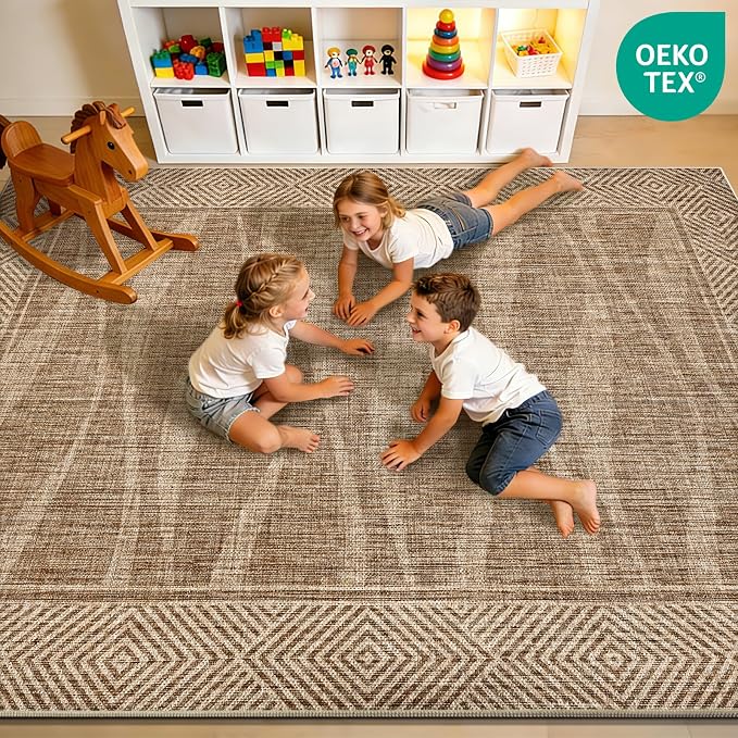 Easy Jute Rug 6x9 Outdoor Patio Rug with Border, Washable Rugs for Living Room, Farmhouse Non Slip Area Rugs with Rubber Backing Indoor Outdoor, Non Shedding Carpet for Bedroom, Courtyard, Light Brown
