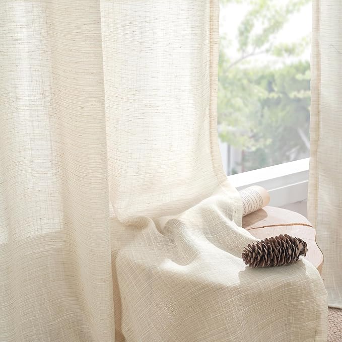 BGment 54 Inch Length Natural Linen Curtains for Short Window - Rod Pocket Semi Sheer Beige Drapes Light Filtering for Living Room Bedroom Textured Rustic Decorative, 2 Panels, Each Panel 42 Inch Wide