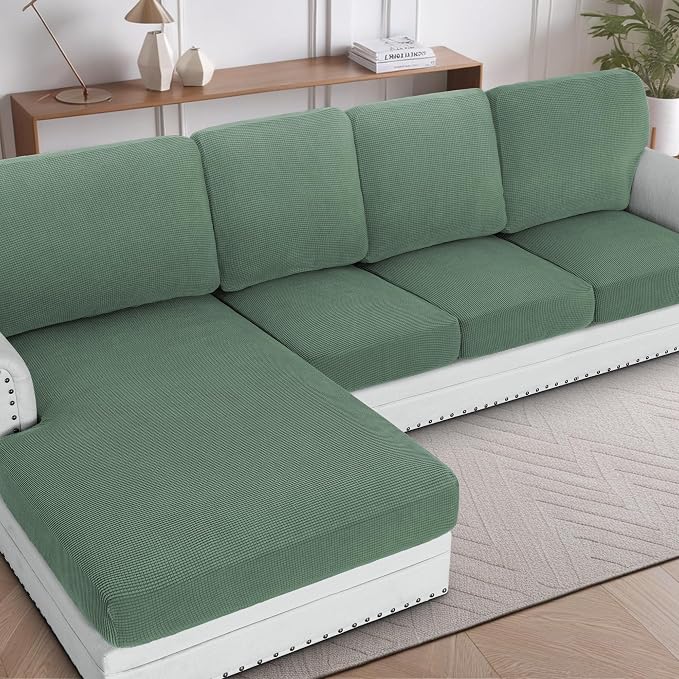 H.VERSAILTEX Sectional Couch Covers 1 Piece Chaise Slipcover L Shape Separate Cushion Couch Cover for Both Left/Right Sectional Couch (Seat Only: 1 Chaises, Loden Frost)